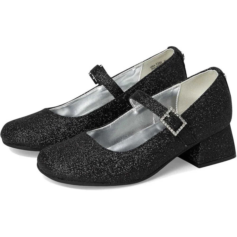 Nina Mila Pump Girls US 3 Black Glitter Square Toe Block Heel Dress Shoes VER043